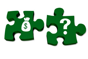 Green puzzle pieces with symbols of a money bag and question mark isolated over white, Understanding your money and savings